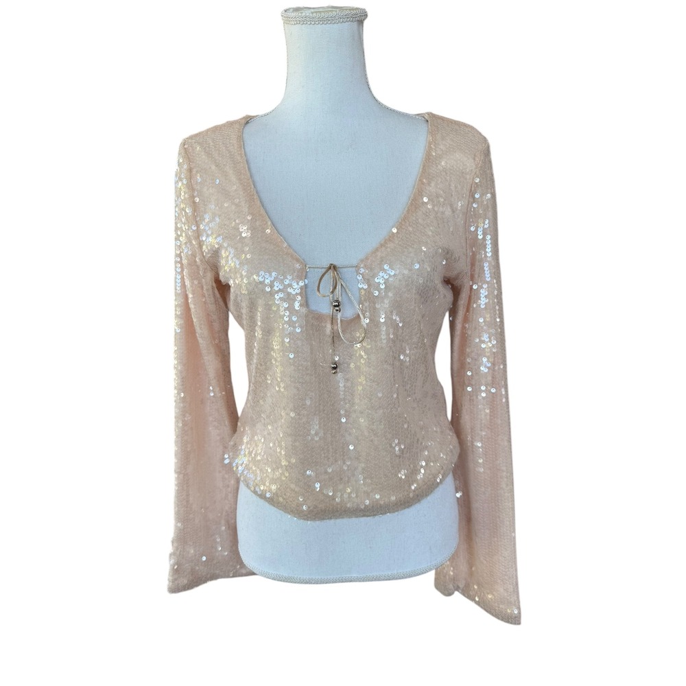 Elodie Sequin Long Sleeve Tie‎ Front Top Taupe Champagne ELTS5362 Large NWT